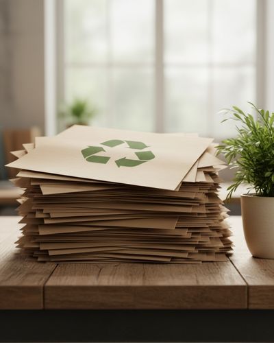 Packpapier mit Recyclingzeichen neben Pflanze